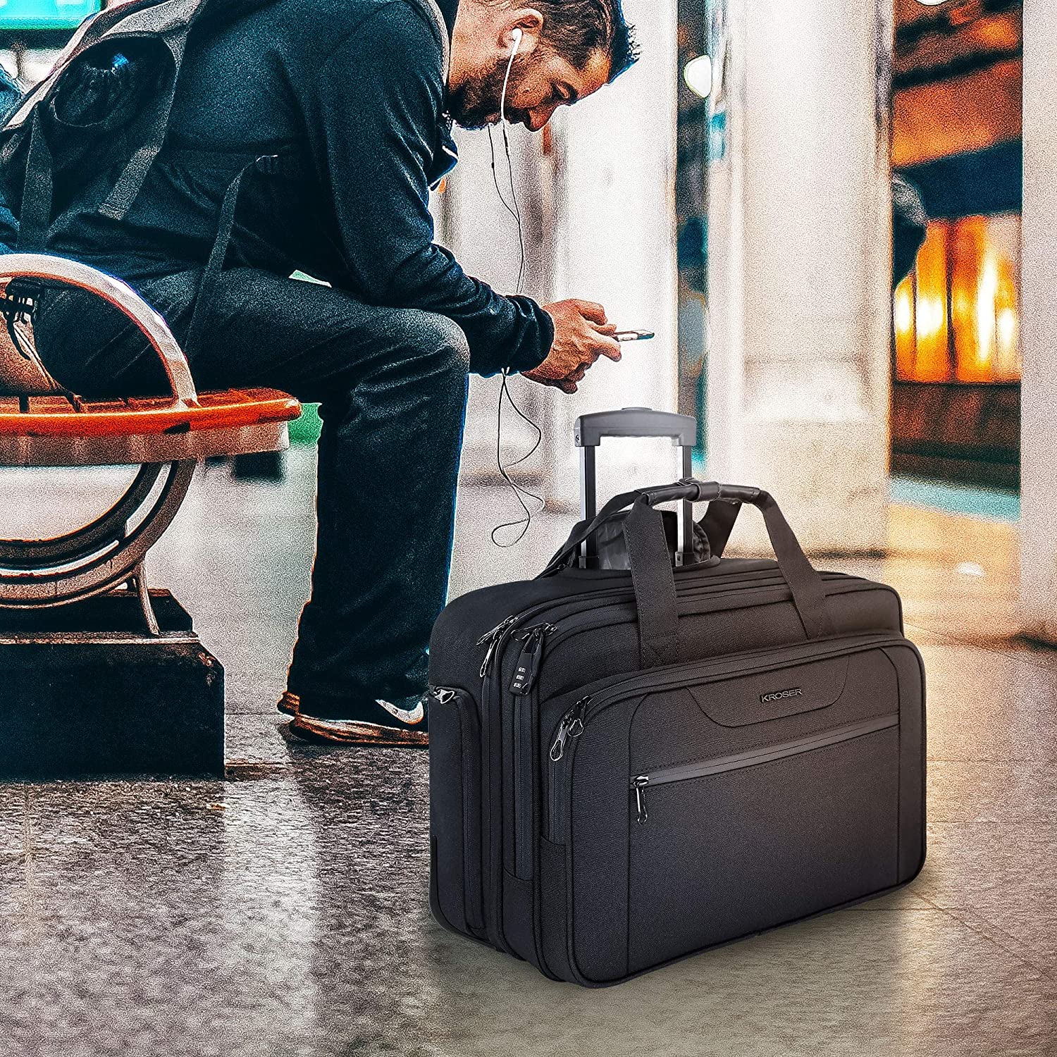 KROSER Rolling Laptop Bag Premium Wheeled Briefcase Fits Up to 17.3 Inch Laptop Water-Proof Overnight Roller Case Computer Bag with RFID Pockets for Travel/Business/School/Men/Women-Black - Image 6